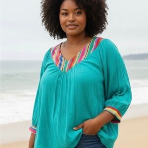 NWT Plus Size Teal Green or Coral Peach V-Neck Tunic Multicolor Trim 3/4 sleeves
